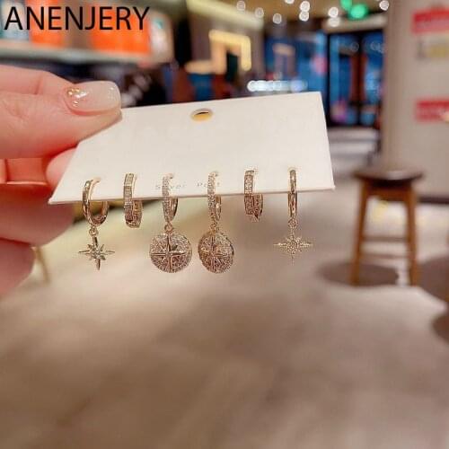 ANENJERY 6 pieces/set Shiny Star Round Pendant Earrings Set 925 Sterling Silver Micro-Inlaid Zircon Light luxury Korean Jewelry