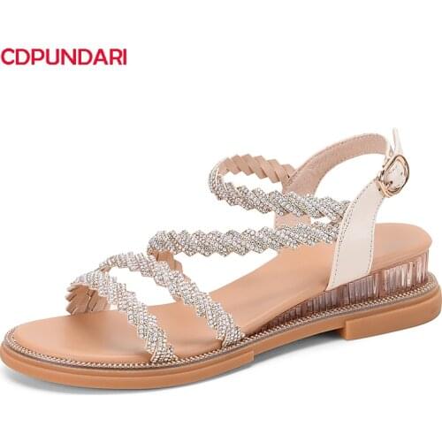Bling Genuine Leather Low Heels Sandals Women Platform Wedges Summer Casual Party Shoes Sandales Femmes 2021 Sandalias Mujer