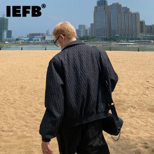 IEFB Black Textured Pleated Jacket Simple Korean Trendy Lapel Zipper Long Sleeve Casual Coat 2021 Autumn New Clothing 9Y9093