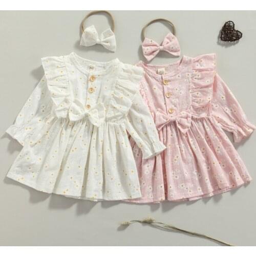 Baby Long Sleeve Dress + Bow Headband, Floral Ruffle Decorated with Daisy Print Spring Autumn Clothing