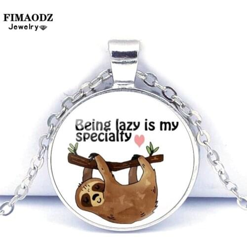 FIMAODZ Being Lazy Is My Special Sloth Necklace Cute Cartoon Animal Photo Glass Crystal Pendant Silver Long Chain Jewelry
