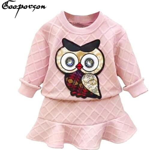 Girl Clothes Set Long Sleeve Owl Autumn Clothing Suit Rhinestone Kid Girl Cute Animal High Quality Sets Shirt and Fishtail Skirt