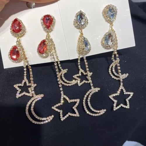 Korean Elegant Moon Star Rhinestone Tassel Drop Earrings For Women Fashion Waterdrop Crystal Brinco Party Jewelry