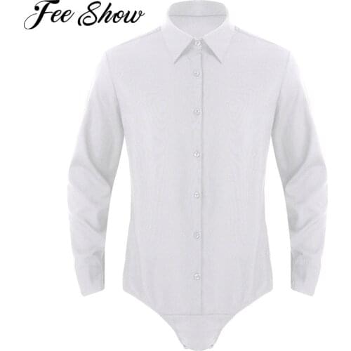 Mens Fashion One-piece Bodysuit Shirts Turn-down Collar Long Sleeves Button Down Crotch Solid Color Casual Bodysuit Shirt Tops