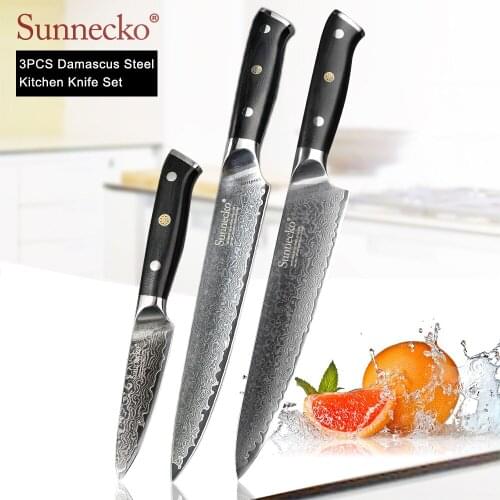 SUNNECKO Professional 3PCS Kitchen Knives Set Chef Slicing Paring Knife Damascus Japanese VG10 Steel G10 Handle Meat Cutter Tool