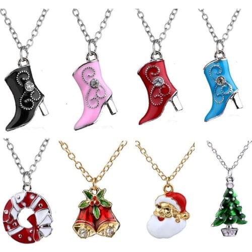 Christmas Tree Santa Claus Snowman Bell High Heels Crystal Pendant Necklaces Women Men Jewelry Christmas Gift Xmas