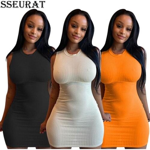 SSEURAT Women Dress Solid Sleeveless O-neck Strechy Bodycon Mini Dresses Sexy Fashion Casual Vestidos Summer Outfits