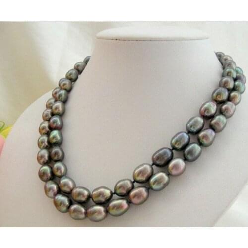 Stunning 11-12mm tahtian black green pearl necklace pendant 38inch yellow gold claps