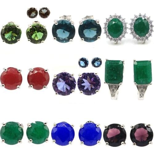 9x9mm Stunning Round 9x9mm Real Blue Sapphire Green Emerald Created Amethyst For Sister Silver Stud Earrings