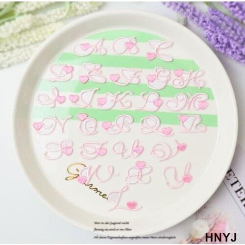 Stick On 10 Pcs Pink Alphabet with heart Embroidered Patches Sew On Motif Applique Hat Bag Shoe Kids Name Decor Repair Diy