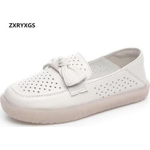 2021 New Bow Spring and Summer Nurse Shoes Hollow Full Genuine Leather Shoes Sandals Flat Shoes Soft Sole Comfortable Shoes