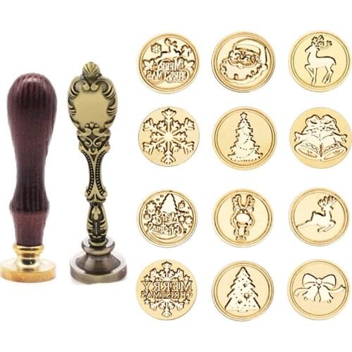WYSE Wax Stamp Christmas Parttern Wax Seal Stamps Deer Tree Bell Stamp Metal Wood Handle for DIY Envelope Paper Card Tools