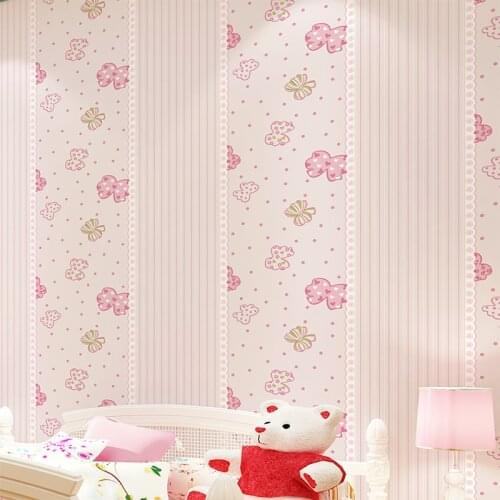 Green non-woven wallpaper pink butterfly striped bedroom full of childrens room Princess room boys and girls wallpaper