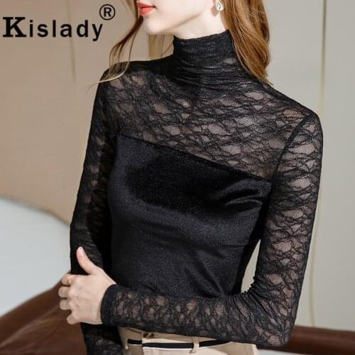 Kislady Sexy Lace Patchwork Turtleneck Gothic Shirt 2020 Winter Vintage Harajuku Solid Shirts Korean OL Transparent Tops Clothes