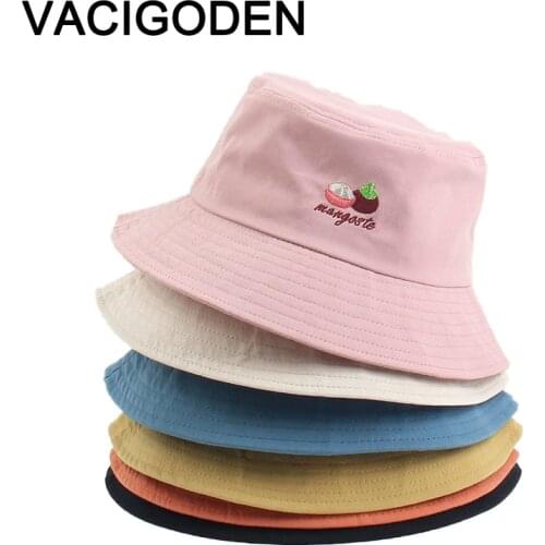 VACIGODEN Women Fashion Bucket Hat Mangosteen Embroidered Sunbonnet Fedoras Outdoor Chapeau Fisherman Caps De Pescador Gorros