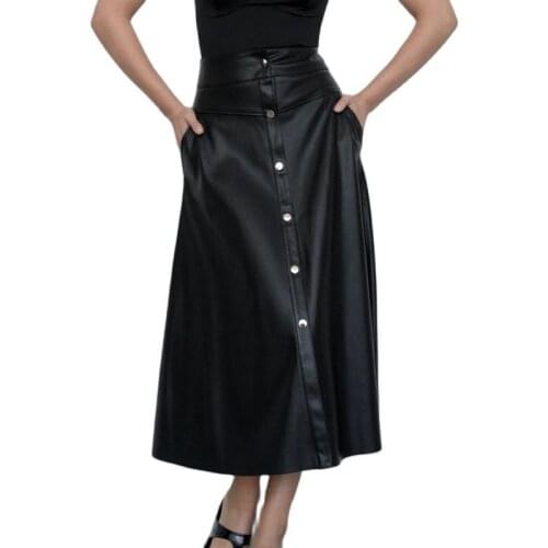 2021 Autumn Winter Women Black A-Line Faux Leather PU Skirts Office Lady Vintage Mid-Calf Long Buttons Pockets Empire High Waist