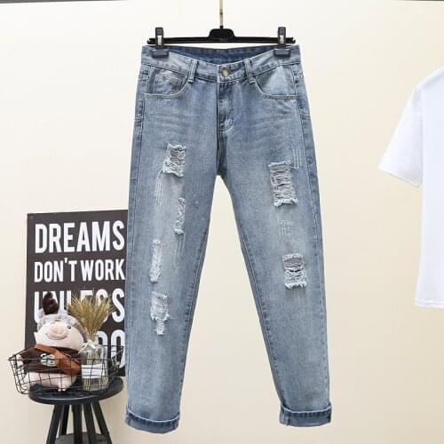 5XL Plus Size Fashion Denim Pants Women High Waist Ripped Jeans Spring New Hole Trousers Female Casual Loose Jean Pants