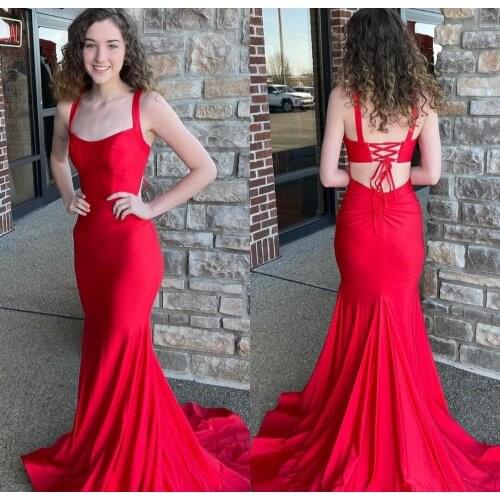 Long Halter Mermaid Red Prom Dresses with Straps Stretchy Lace Up Back Pleated Robes De Mariée Party Gown For Women