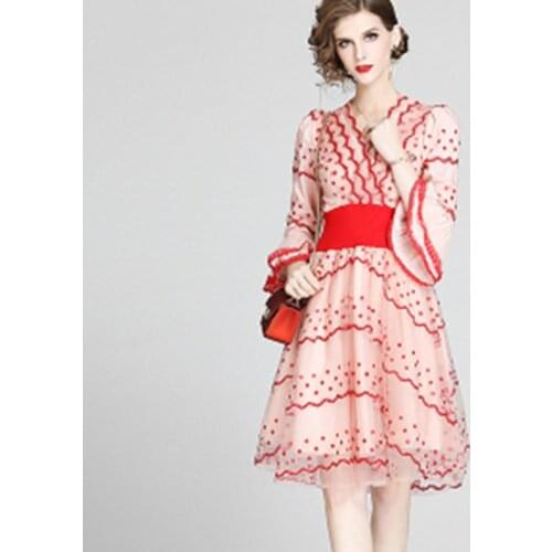 2020 Summer Women Sexy Mesh Embroidery Dress Fashion Vintage Banquet Dresses V-neck Flare Sleeve Casual Slim Vestidos