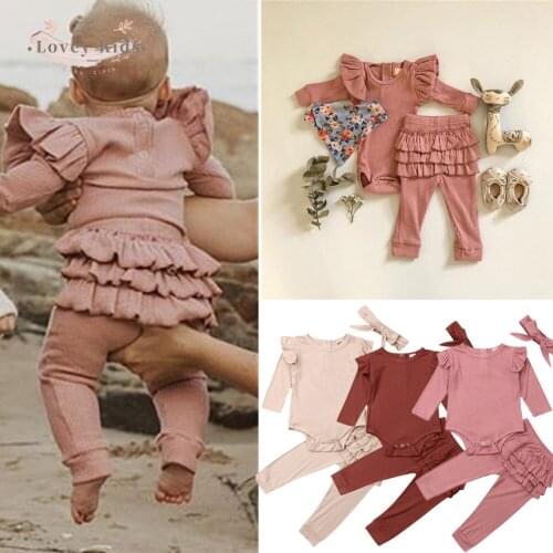 2020 Baby Girl Outfits 3PCS Long Sleeve Bodysuit Pants Headdress Ruffle Solid Set 0-24M Cotton Soft Autumn Clothing Tracksuit