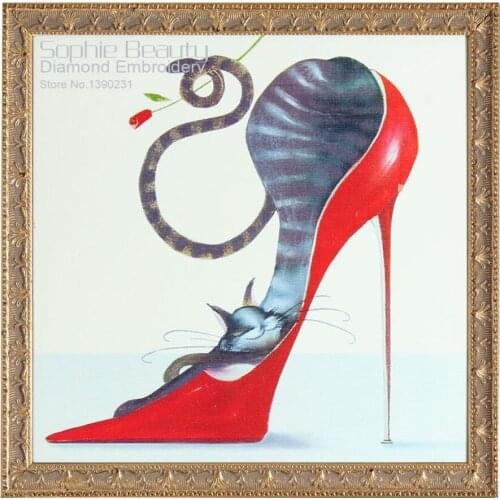 5D Diy Diamond Painting Red Shoe With Cat Cross Stitch Diamond Mosaic Cartoon Diamond Embroidery Decor Full Square Area Picture