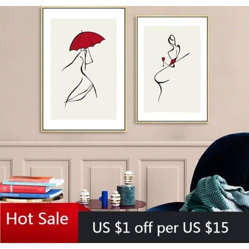 Abstract Lady Line Drawing Picture Red Umbrella Dancing Girl Canvas Painting Modern Minimalist Wall Art Poster Aesthetic Room De
