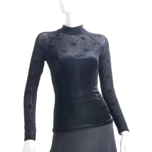 Ballroom dance modern dance elastic net long sleeve turtleneck flocking velvet fabric spider net fabric blouse top W12026B