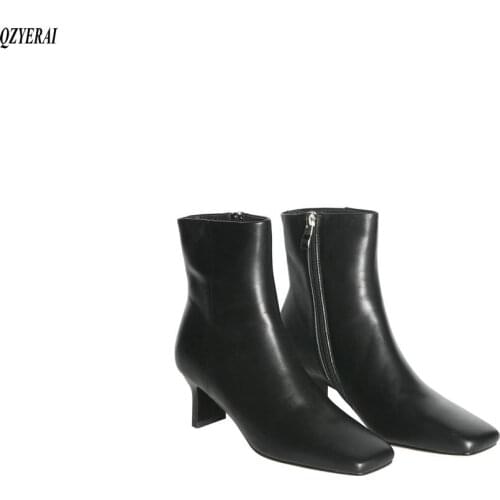 Genuine Leather Ankle Boots Women Patent Square toe Zipper Female Boot Autumn High Heels Winter Boots Woman Shoes Size 34-40