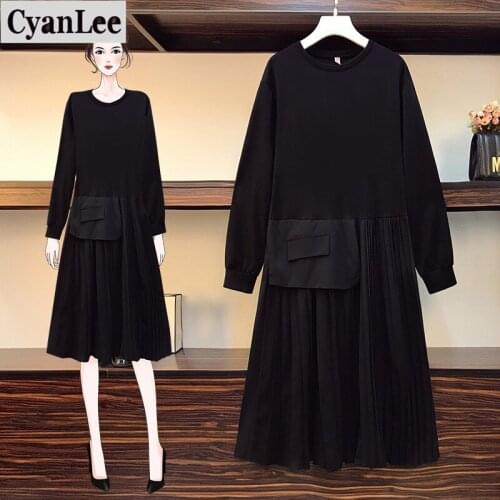 Cyanlee 5XL pleated dress for women autumn long sleeve patchwork casual oversized long dresses korean loose women vestidos