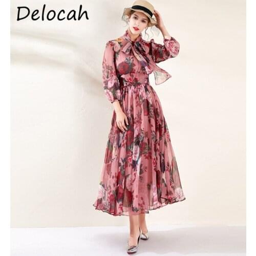 Delocah 2021 Summer Women Fashion Runway Party Midi Dress Lantern Sleeve Bow High Waist Floral Printed Ladies A-Line Dresses