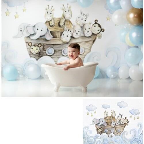 Photography BackDrop Cute Animals On Cloud Background Pastel Photo Studio Children Portrait Booth Background Birthday Back Drops