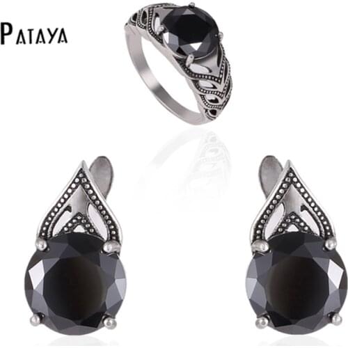 PATAYA Famous Designer Jewelry Set Women Black Natural Zircon Ring Earrings Set True White Gold Fine Wedding Accessories Jewelry