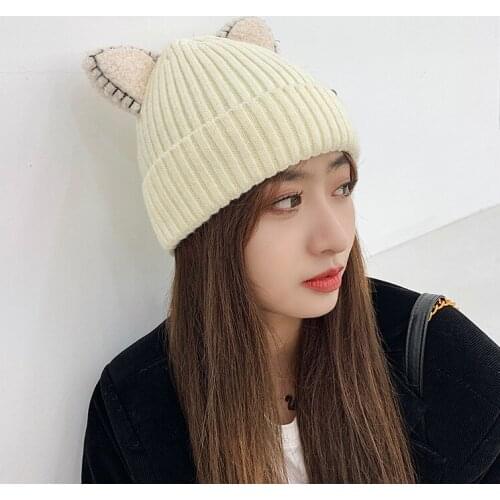 Cute Hat With Ears Warm Female Cap Knitted Winter Cat Skullies Hat Winter 2021 Woman Outdoor Beanies Hat Panama Lady Cap