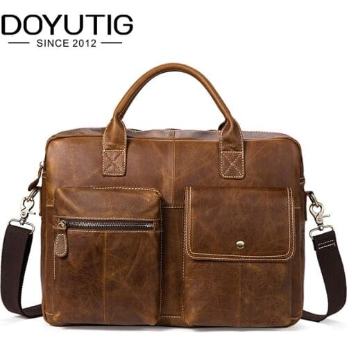 DOYUTIG Mens Real Cow Leather Business Briefcases 15 Inches Brown / Coffee Genunie Leather Male Messenger Computer Bags G127