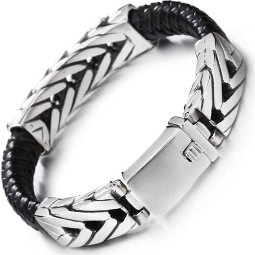 Vintage Charm Mens Bracelet Stainless Steel With Black Genuine Leather Fashion Wristband Bracelets