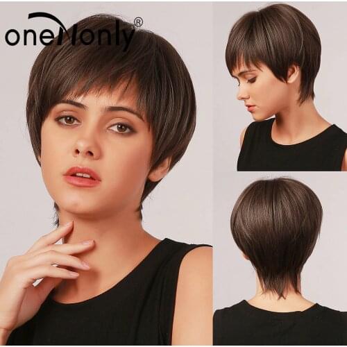OneNonly Short Straight Ombre Black Brown Synthetic Wigs with Bangs Layered Wig for Women Cosplay Natural Hair Heat Resistant