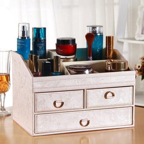 Faux Leather Makeup Organizer , Cosmetics Storage Box Table Desktop Countertop Jewley Holder Vanity Boxes with Drawer Mirror