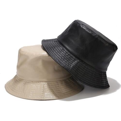 Ins Light Board PU Leather Fisherman Hat Ladies Pure Color Simple Bucket Hat Outdoor Wild Sun Protection Hat Mens Panama Cap