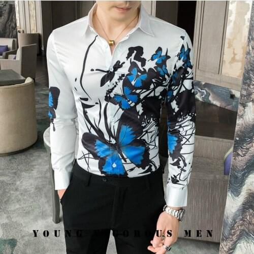 Butterfly Print Shirts Men Fashion Long Sleeve Slim Fit Camisas Hombre Casual Floral Dress Shirts Streetwear Nightclub Blouse