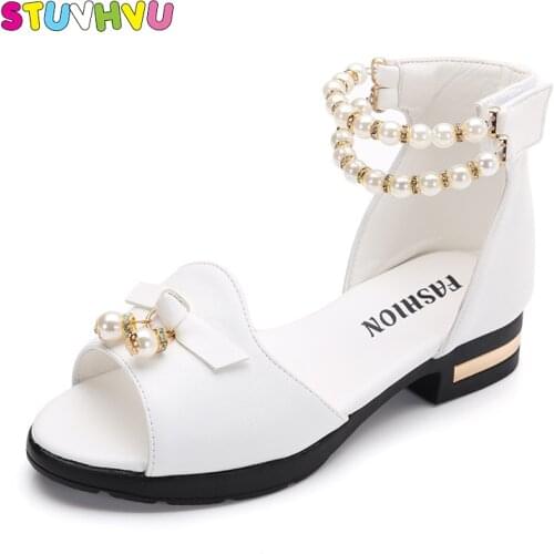 Hot Sale Girls Sandals Summer Children Shoes 2021 Brand Open-Toe Bowtie pearl Beaded Children Sandals Heels For Teen Girls 27-37