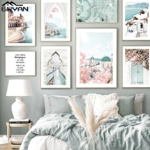 Nordic Landscape Santorini Pink Flower Wall Art Canvas Print Poster Italy Amalfi Arch Coast Painting Venice Canal Picture Decor