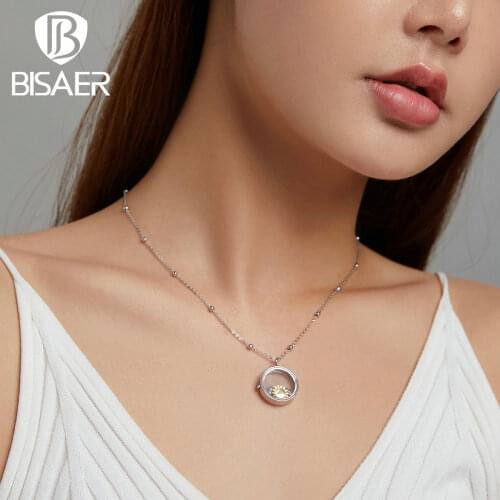 BISAER 925 Sterling Silver Floating Circle Locket Glass Pendants 45cm Long Necklaces Pendants With Cute Petite Elements EFN232