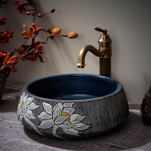 Bthroom Counter Top Wash Basin Cloakroom Hand Painted Vessel Sink bathroom sinks round wash hand basin