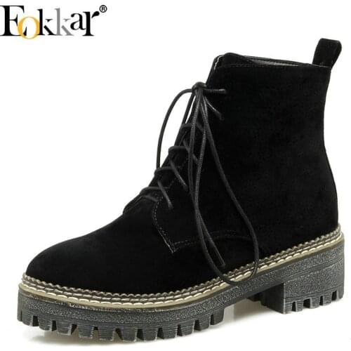 Eokkar 2019 Wome Ankle Boots Nubuck Fashion Women Shoes Lace Up Square Heel Black Elegant Winter Boots Women Shoes Size 34-43