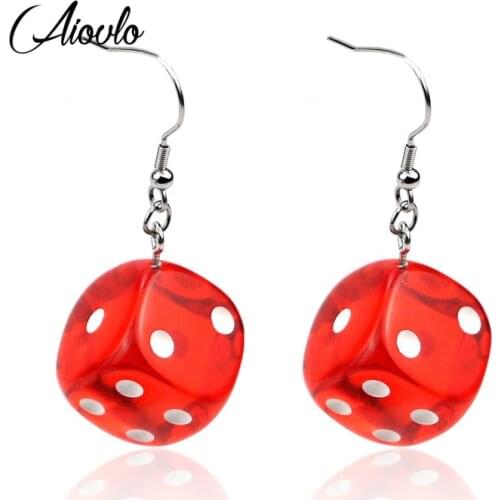 Aiovlo 2019 Womens Earring Red 3D Chess Game Hip Hop Night Club Jewelry Long Stainless Steel Ear Hook & Acrylic Dice Earrings
