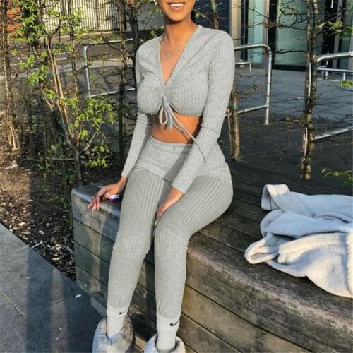 Women Knitted Lounge Wear Sets 2Pcs Crop Top Suit Ladies Tracksuit Set Autumn Casual Streetwear Clubwear