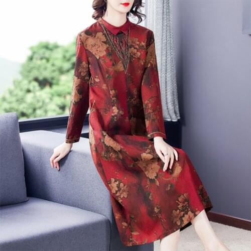 2021 Vintage Casual Floral Midi Dresses Women Elegant Bodycon Party Vestidos Spring Autumn Print Mulberry Silk Long Sleeve Dress