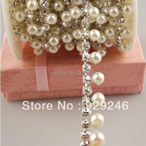 1 yard 1cm thin pearl chain clear crystal rhinestone chain trims dangle applique sofa artcraft house costume sewing decoration