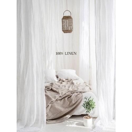 100% Linen Tab Top Curtain Panels Natural Flax Sheer White Linen Curtain Drapes for Living Room Bedroom Cafe House