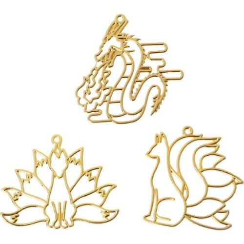 4Pcs Fox Dragon Open Bezel Charm Metal Frame Hollow Pendant UV Resin Jewelry DIY